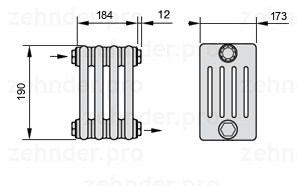 Схема (чертеж) Радиатор Zehnder Charleston 5019/4 №1670 Белый глянцевый RAL 9016